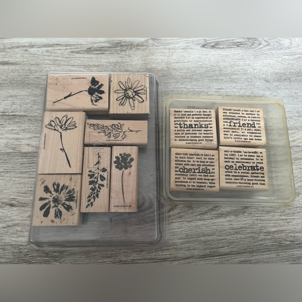 2 retired Stampin Up! Wooden Rubber Stamp Sets with Spring Flowers and Phrases